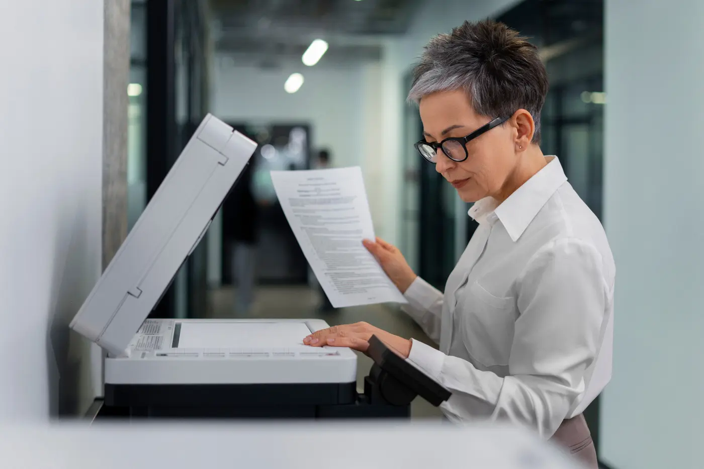 Office customer reviewing a printed document beside a multifunction printer