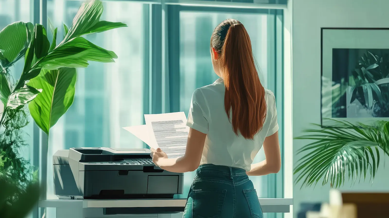 Professional using a multifunction printer in a modern office