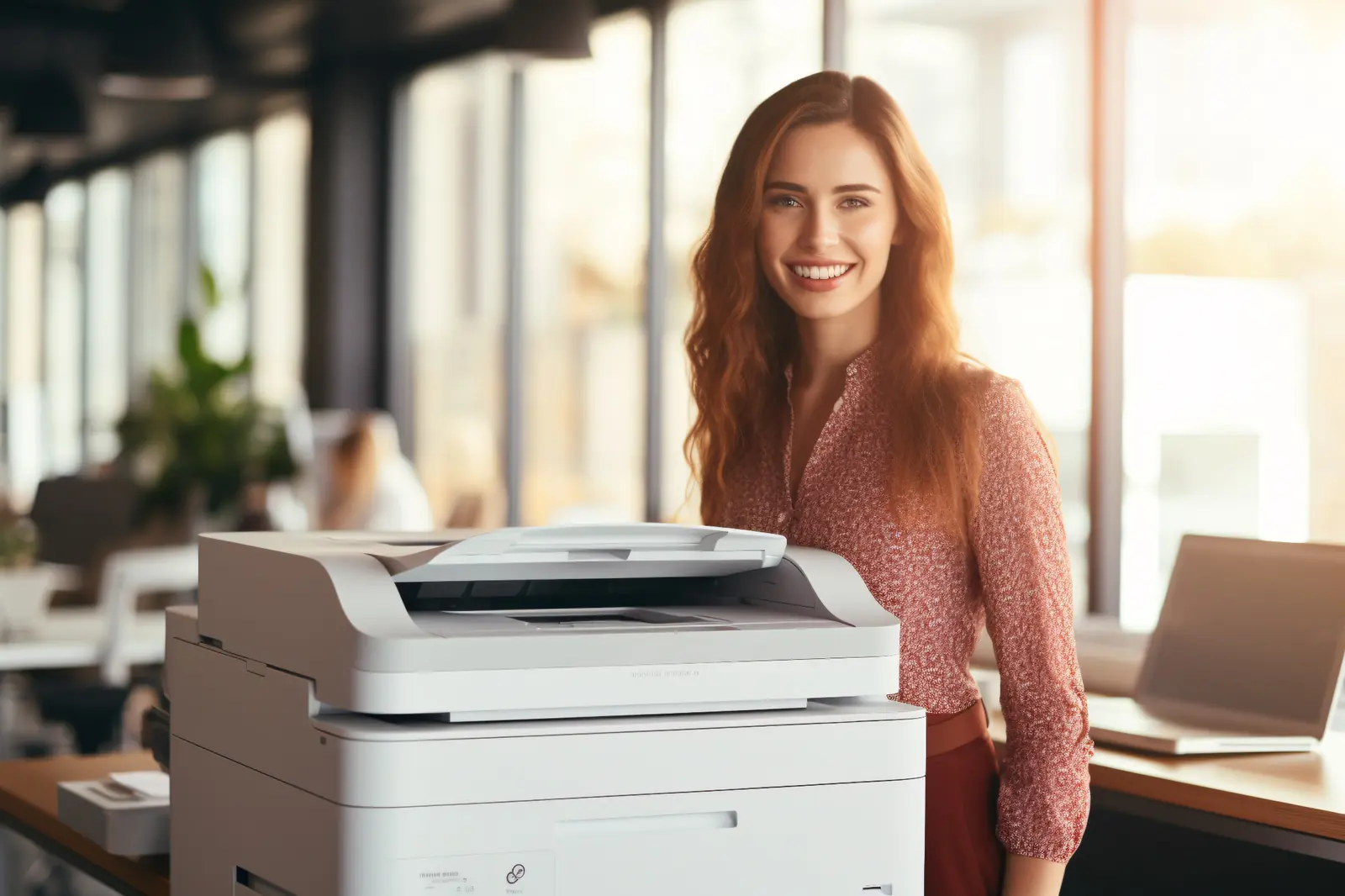 Professional using a multifunction printer in a modern office