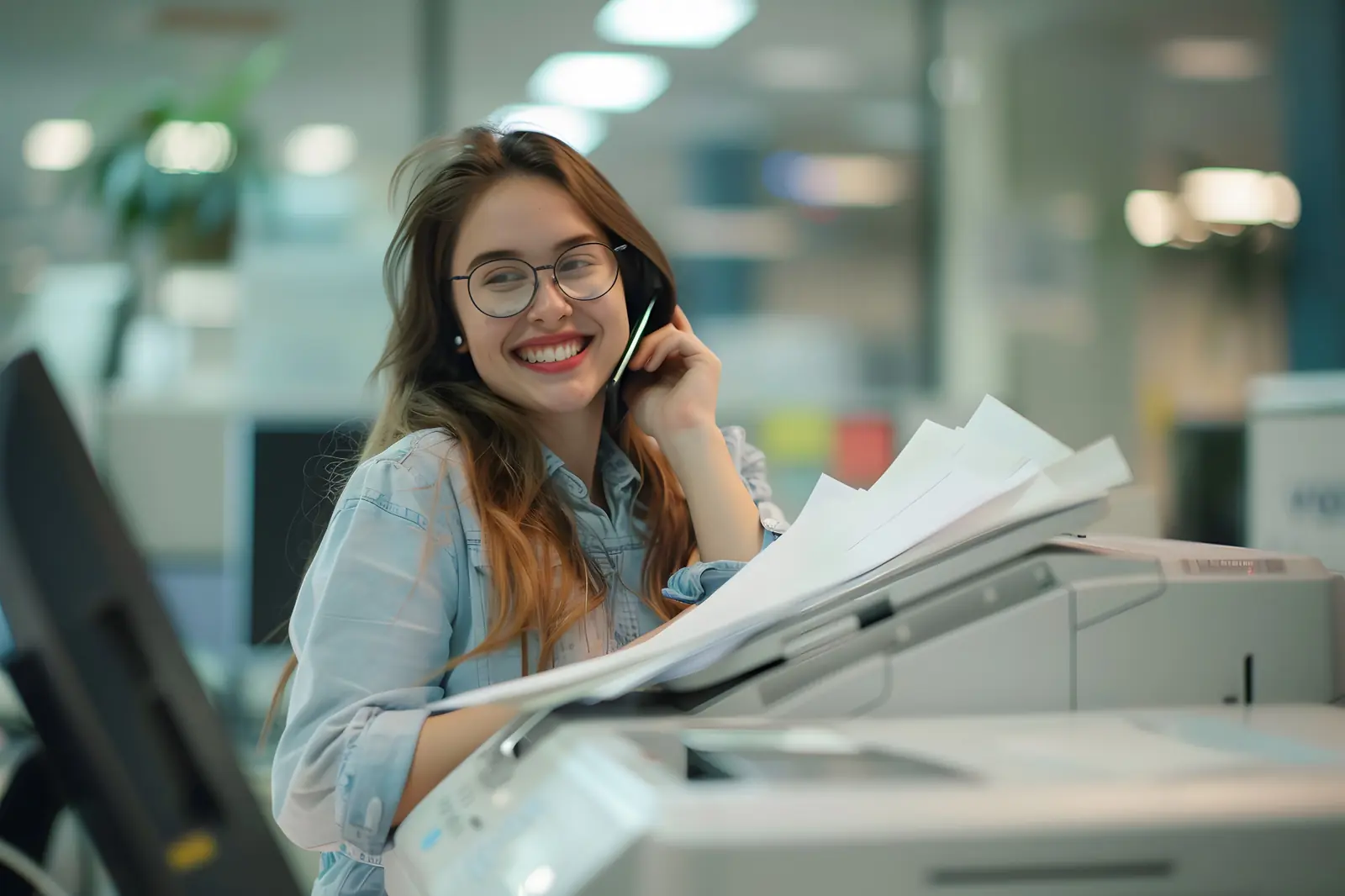 Professional using a multifunction printer in an office